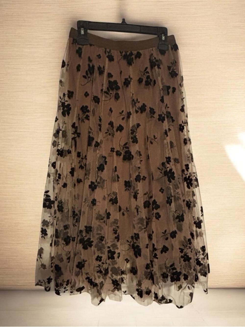 Women’s Floral Mesh A-Line Skirt - Brown with Black Floral